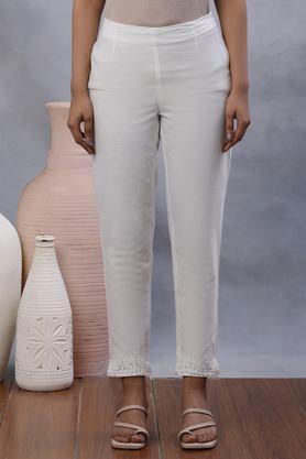 embroidered slim fit cotton women's casual wear pants - white