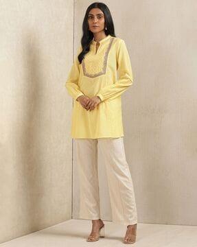 embroidered straight kurti with band collar