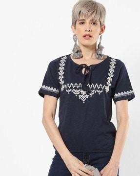 embroidered top neck tie-up
