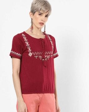 embroidered top neck tie-up