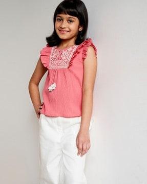 embroidered top with neck tie-up