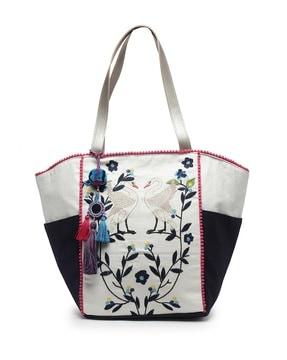 embroidered tote bag with tassels