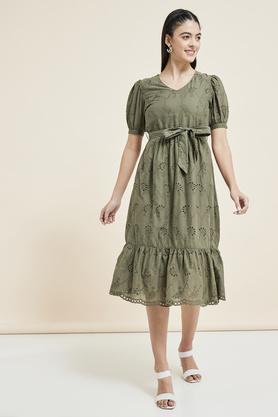embroidered v neck cotton women's maxi dress - olive