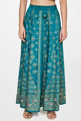 embroidered-viscose-flared-fit-women's-skirt---teal