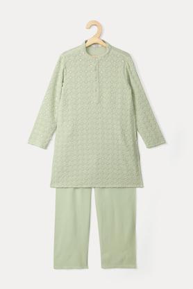 embroidered viscose mandarin boys kurta pyjama set - green