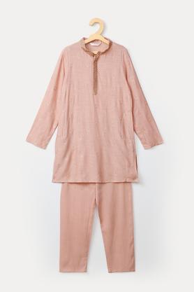 embroidered viscose mandarin boys kurta pyjama set - pink