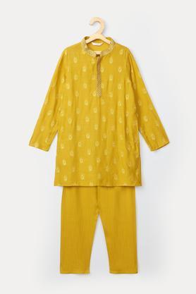 embroidered viscose mandarin boys kurta pyjama set - yellow