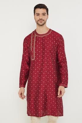 embroidered viscose slim fit men's long kurta - maroon