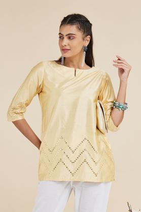 embroidered viscose v neck women's casual wear tunic - yellow