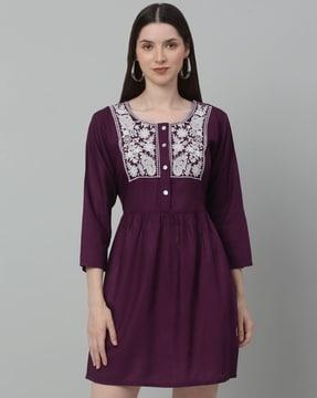 embroidered a-line dress with button placket