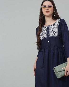 embroidered a-line dress with button placket