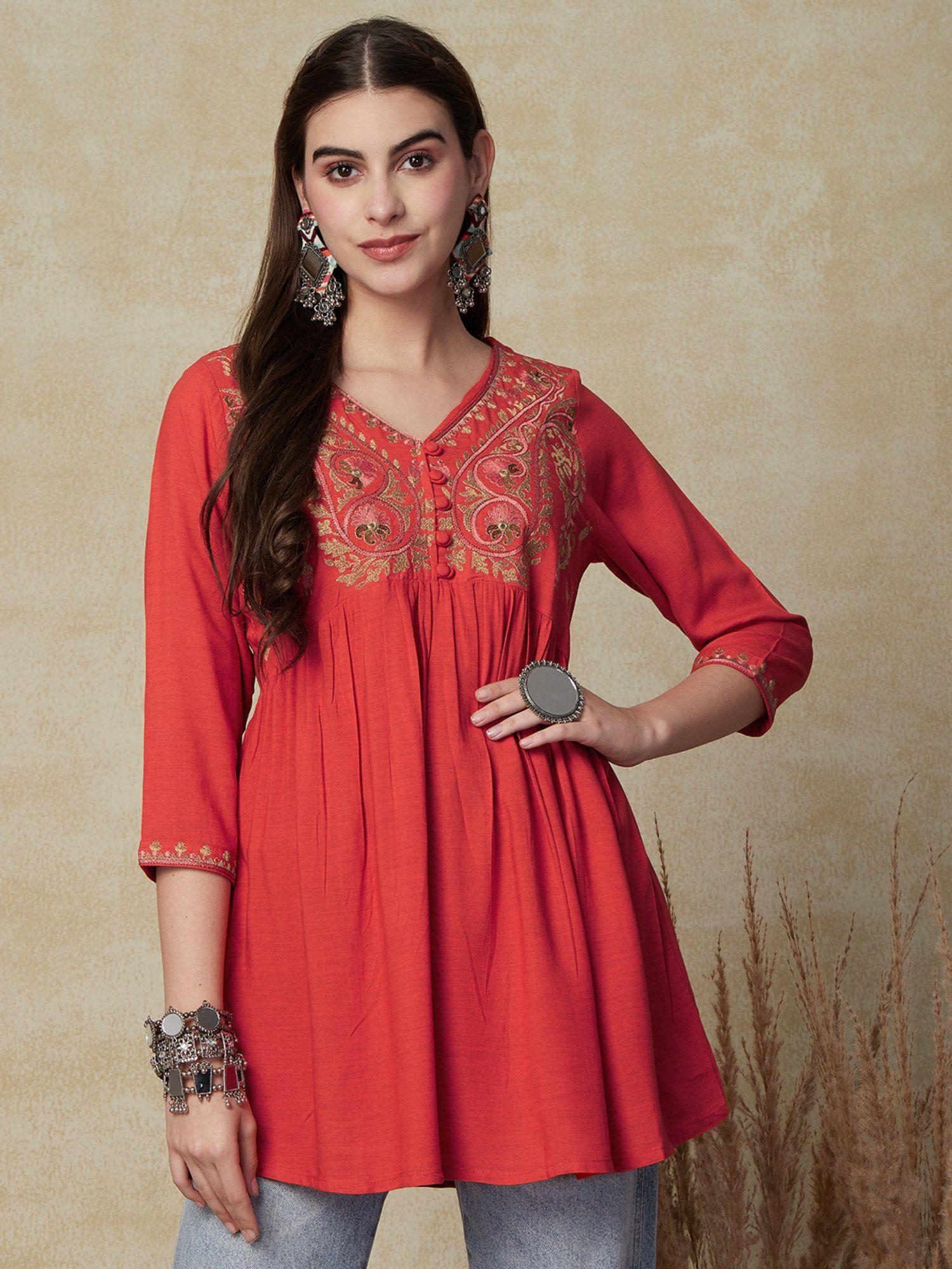 embroidered a-line flare kurti - orange