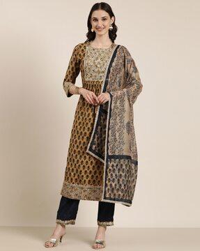 embroidered a-line kurta & pants set with dupatta