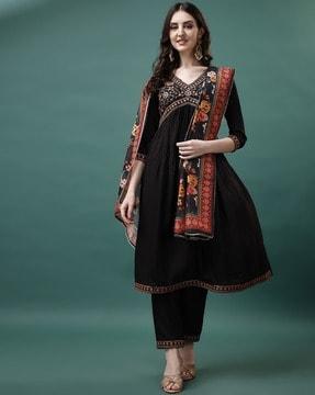 embroidered a-line kurta pants set with dupatta