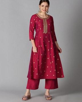 embroidered a-line kurta suit set