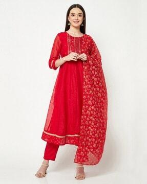 embroidered a-line kurta with churidar & dupatta