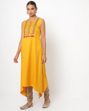 embroidered a-line kurta with dipped hem