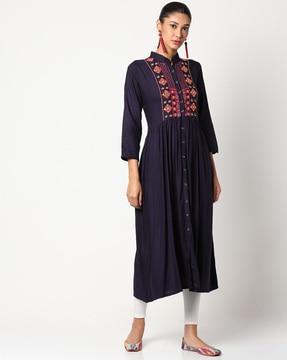 embroidered a-line kurta with mandarin collar