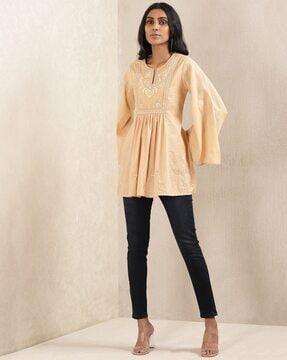 embroidered a-line kurta with notched round-neck