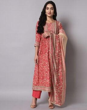 embroidered a-line kurta with pants & dupatta