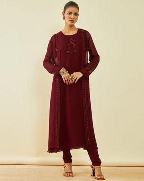 embroidered a-line kurta with pants & dupatta