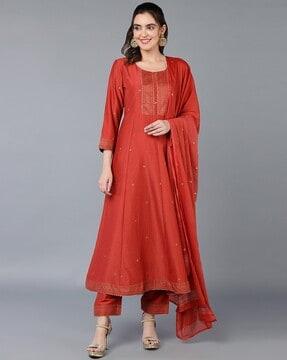 embroidered a-line kurta with pants & dupatta