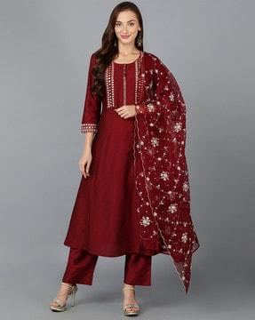 embroidered a-line kurta with pants & dupatta