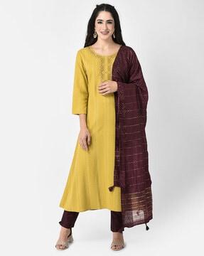 embroidered a-line kurta with round neck