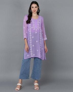 embroidered a-line kurta with round neck