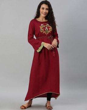 embroidered a-line kurta with tie-up