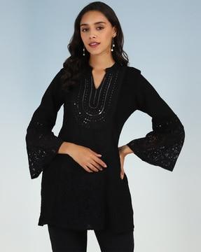 embroidered a-line tunic with bell sleeves