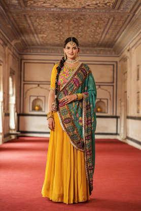 embroidered above knee crepe woven women's lehenga choli dupatta set - yellow