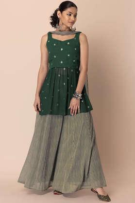 embroidered above knee georgette woven  women's kurta palazzo set - green