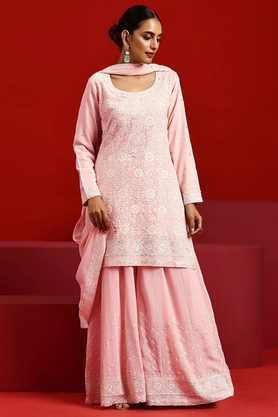 embroidered above knee georgette woven women's kurta set - peach