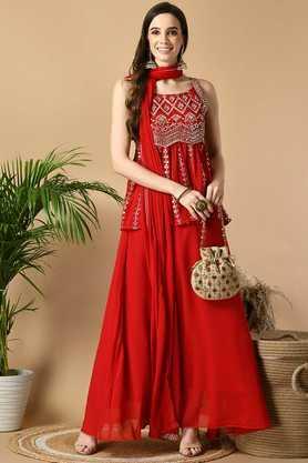 embroidered above knee georgette woven women's kurta set - red