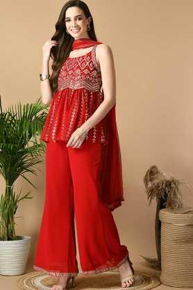 embroidered above knee georgette woven women's kurta set - red