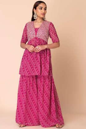 embroidered above knee georgette woven women's kurta sharara set - pink