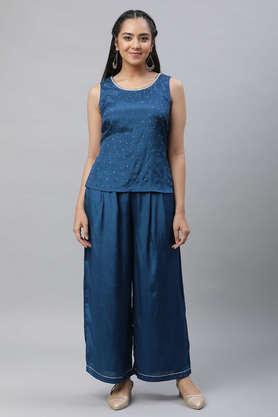 embroidered above knee viscose woven women's top, gilet and pant set - blue