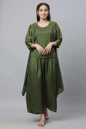 embroidered above knee viscose woven women's top, gilet and pant set - green