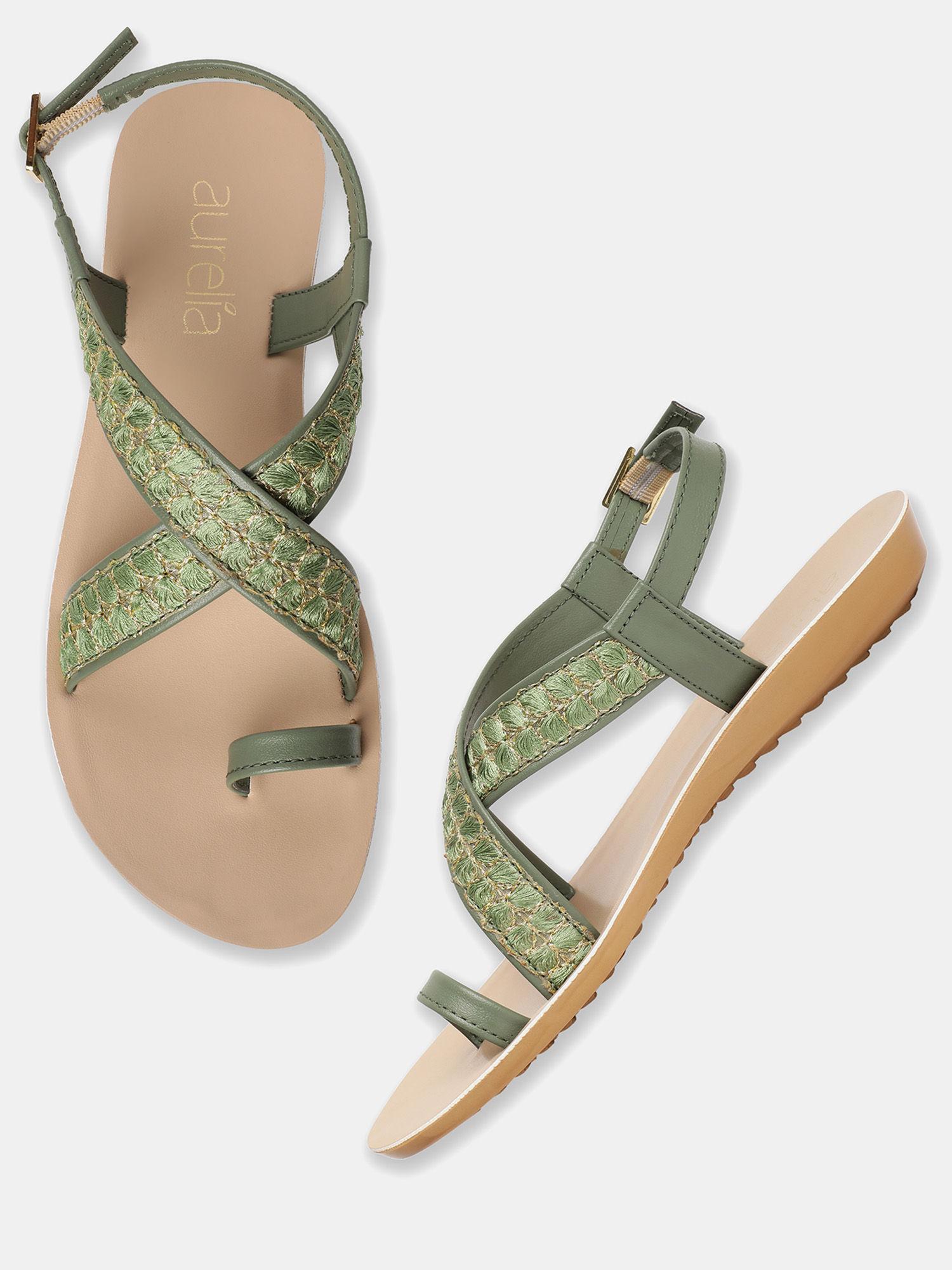 embroidered almond toe flat