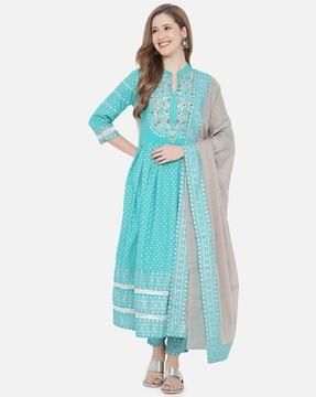 embroidered anarkali kurta set with dupatta