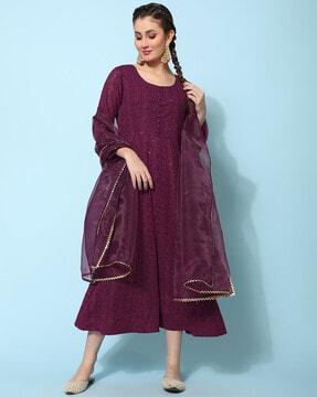 embroidered anarkali kurta with embellished dupatta set