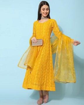 embroidered anarkali kurta with embellished dupatta set