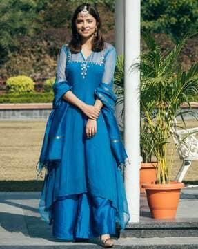 embroidered anarkali kurta with pants & dupatta