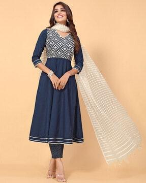 embroidered anarkali kurta with pants & dupatta