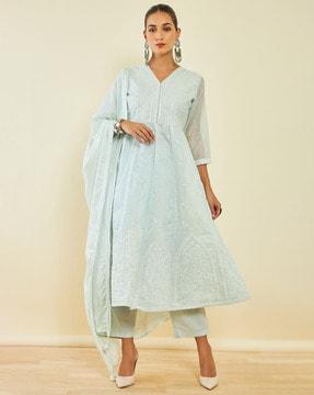 embroidered anarkali kurta with pants & dupatta