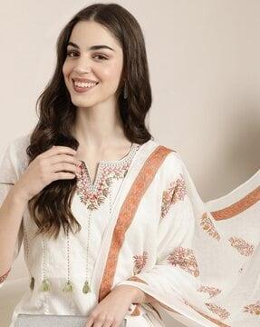 embroidered anarkali kurta with pants & dupatta