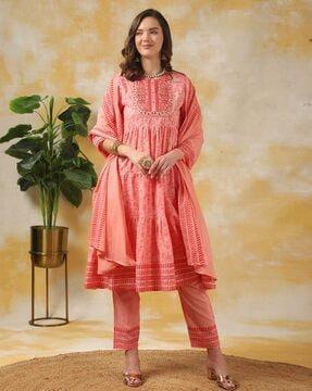 embroidered anarkali kurta with pants & dupatta