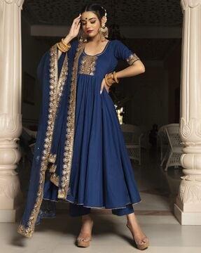 embroidered anarkali kurta with pants & dupatta