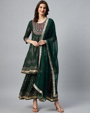 embroidered anarkali kurta with sharara & dupatta